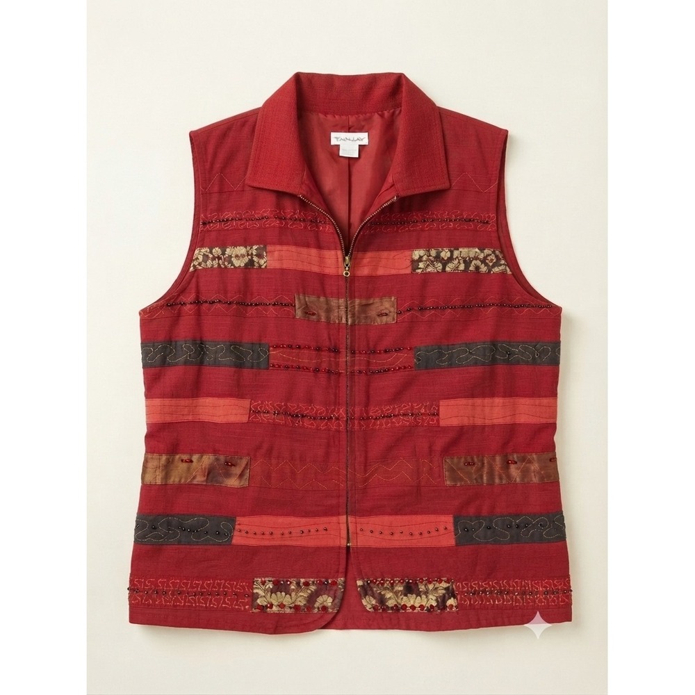 Tanjay Vtg Patchwork Beaded Zip Front Vest Mock Neck Cotton Rayon Sz M Casual